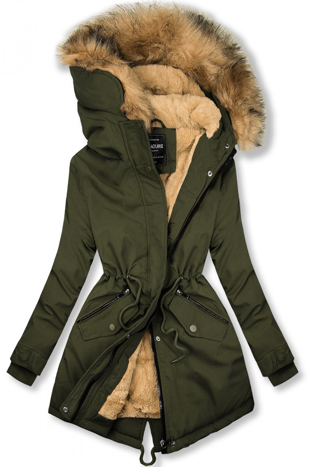 Tmavě zelená zimní parka s umělou kožešinou