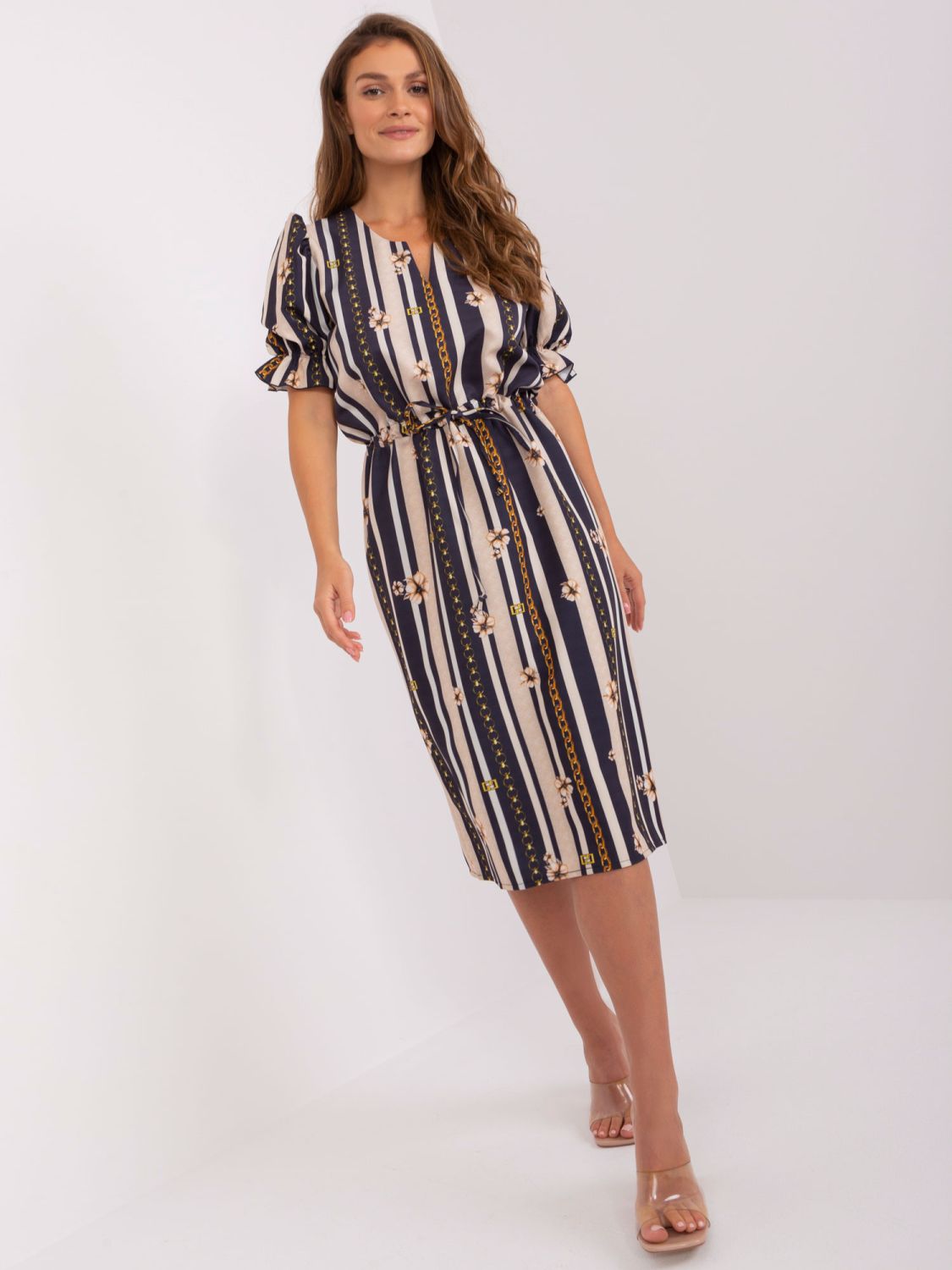 Modré šaty s potiskem a puff rukávy