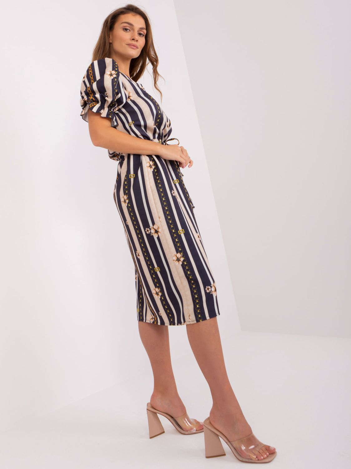 Modré šaty s potiskem a puff rukávy