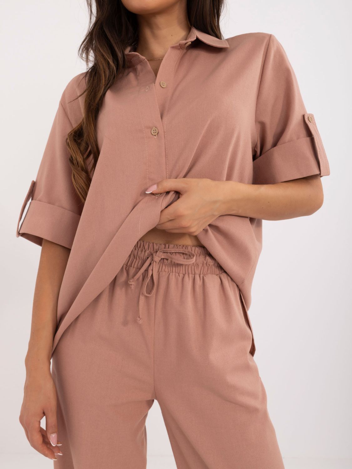 Exkluzivní lněný komplet v tmavě růžové