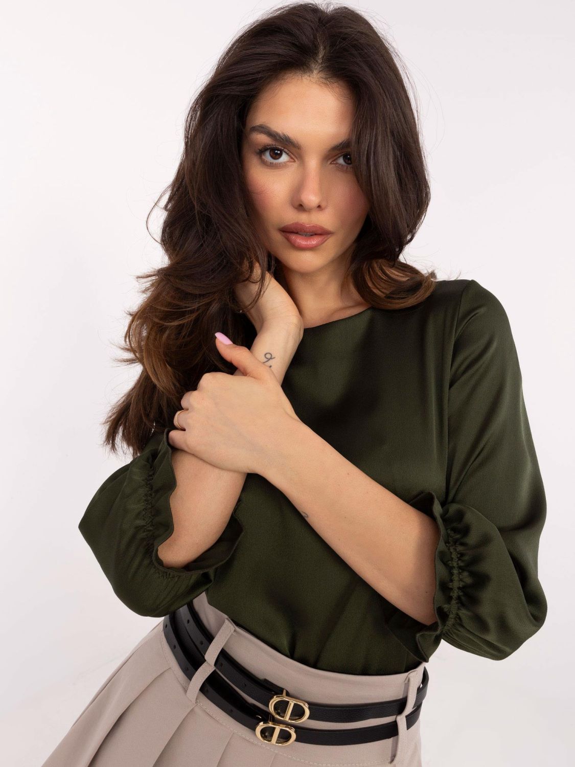 Elegantní blůza s 3/4 rukávem v khaki barvě