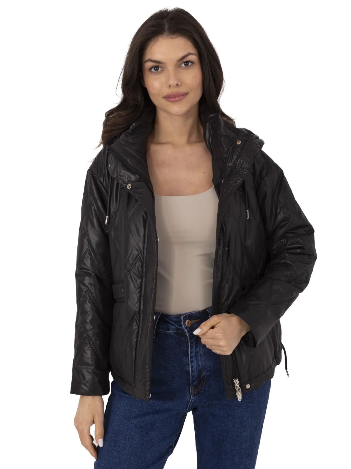 Stylová černá přechodná bunda s kapucí