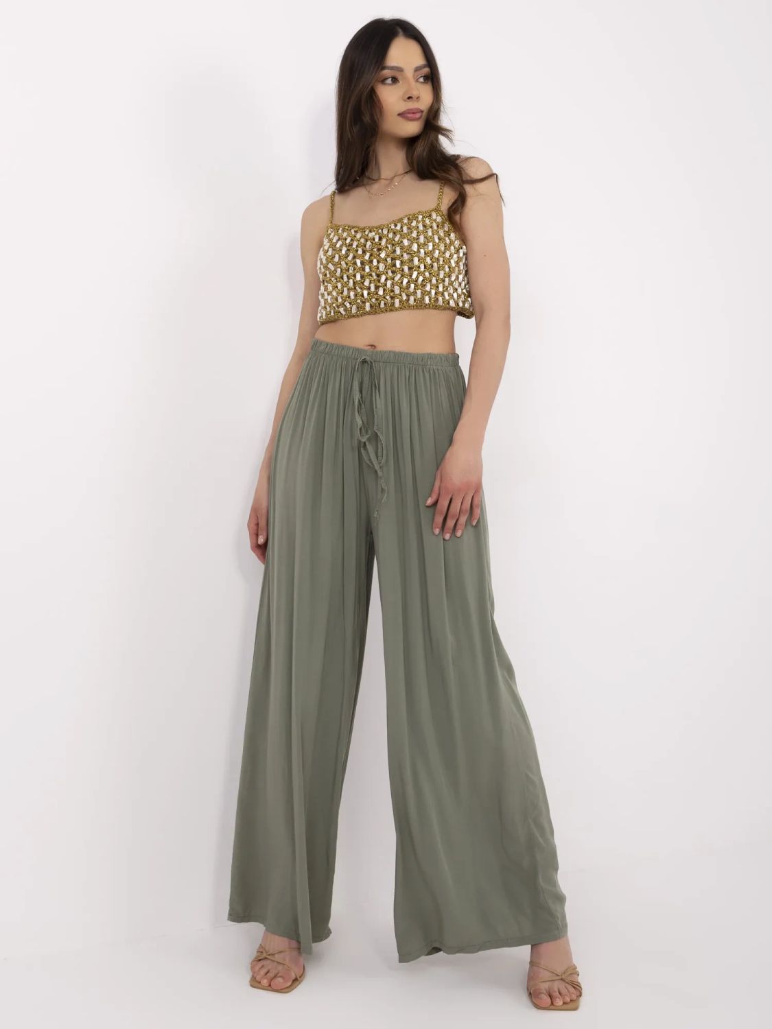 Stylové khaki kalhoty s vysokým pasem