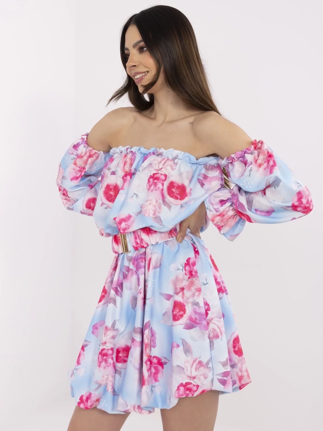 Květinové rozšířené šaty v modré barvě