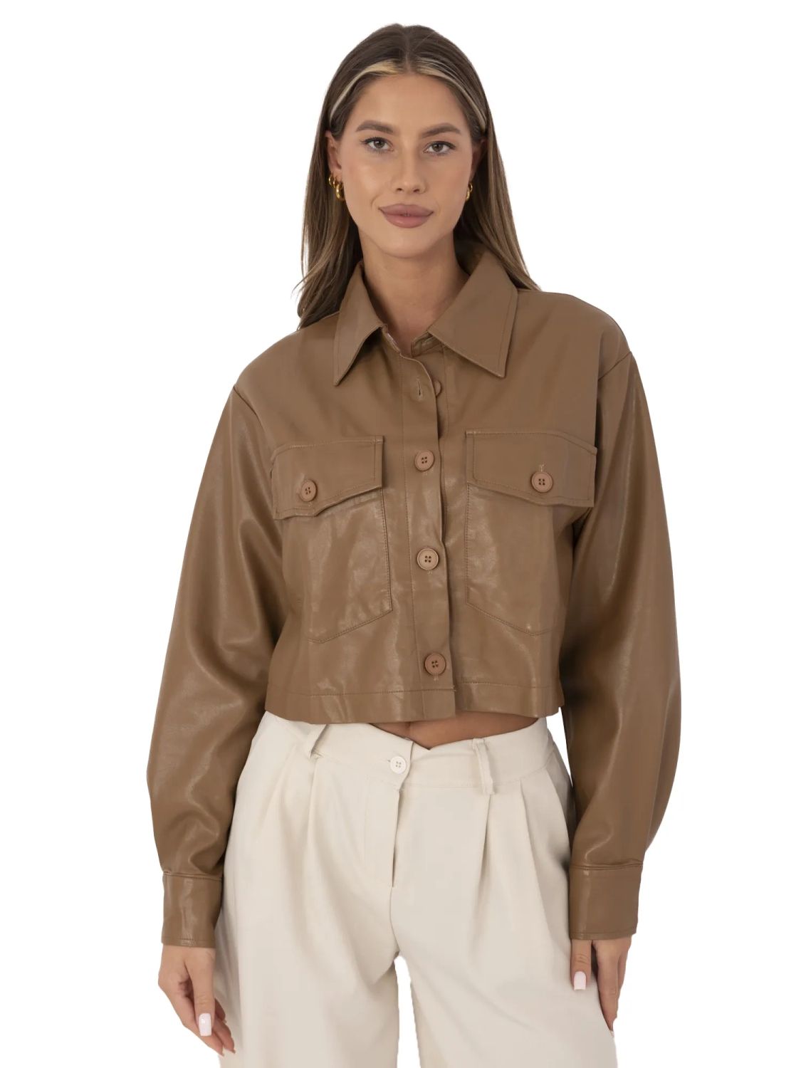 Přechodná bunda z ekokůže v camel barvě