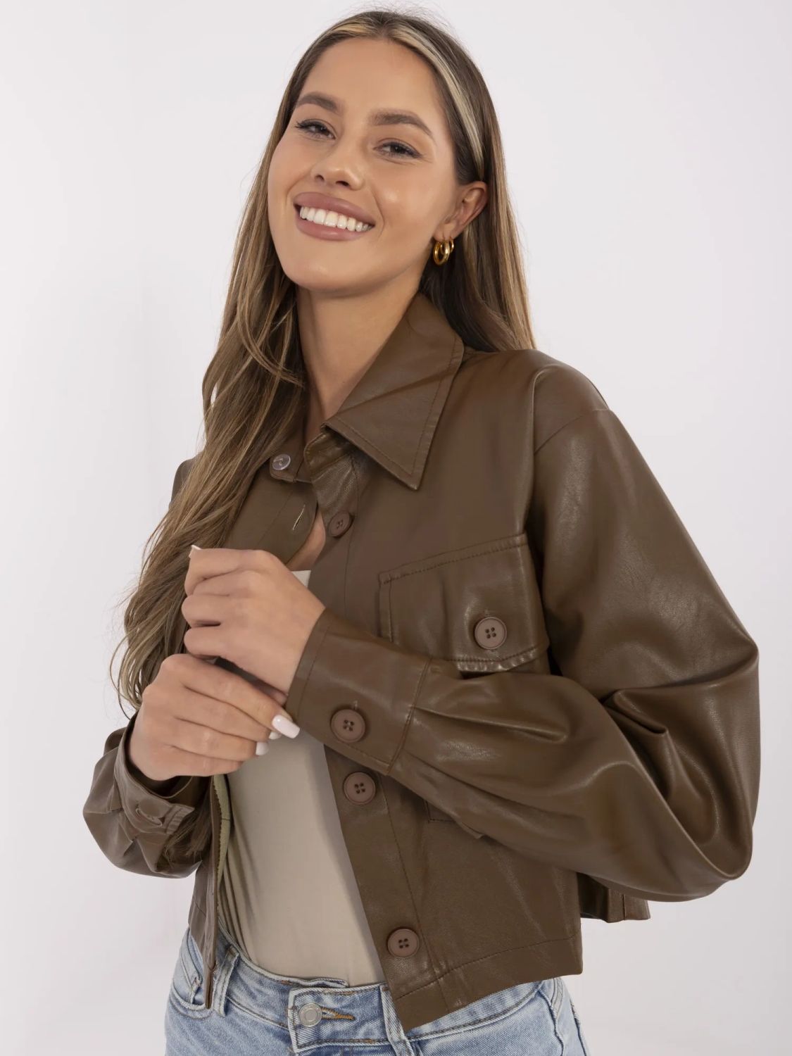 Hnědá přechodná bunda z ekokůže