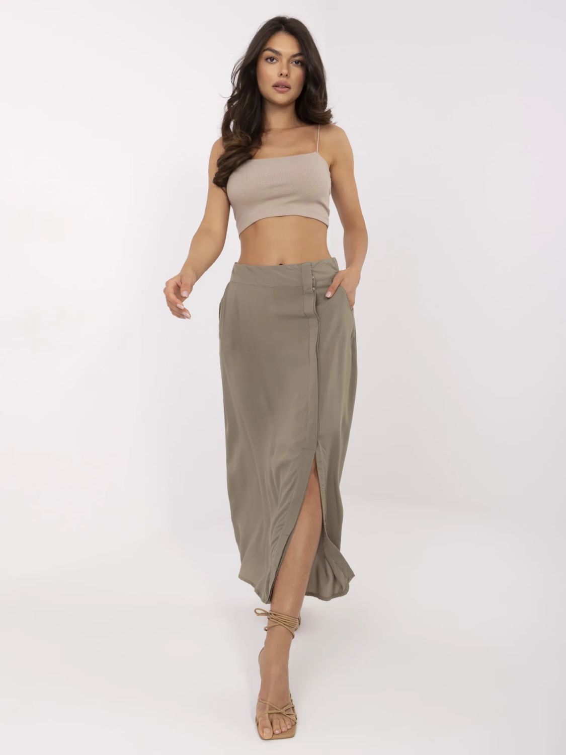 Elegantní midi sukně v khaki