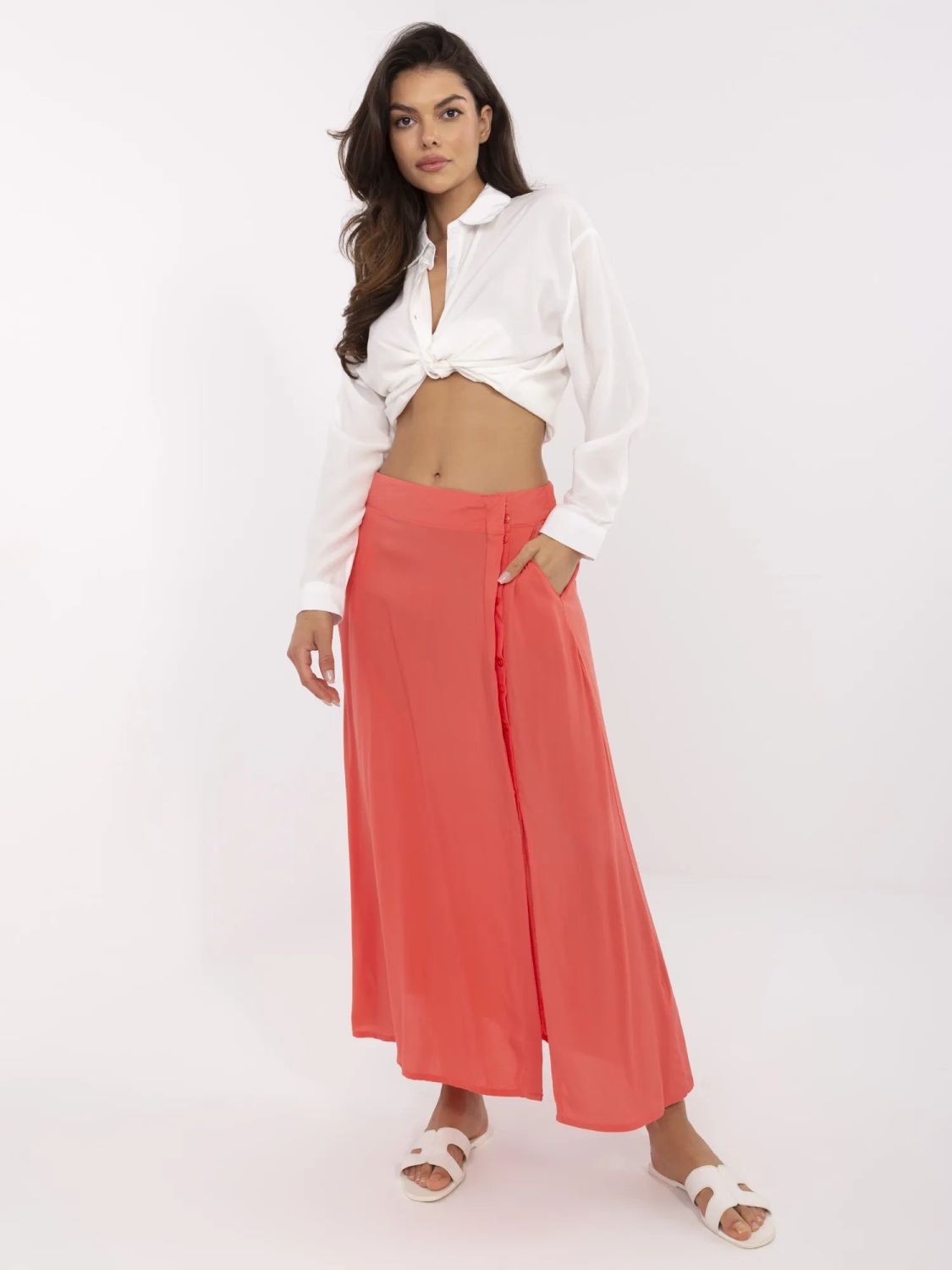 Korálová midi sukně