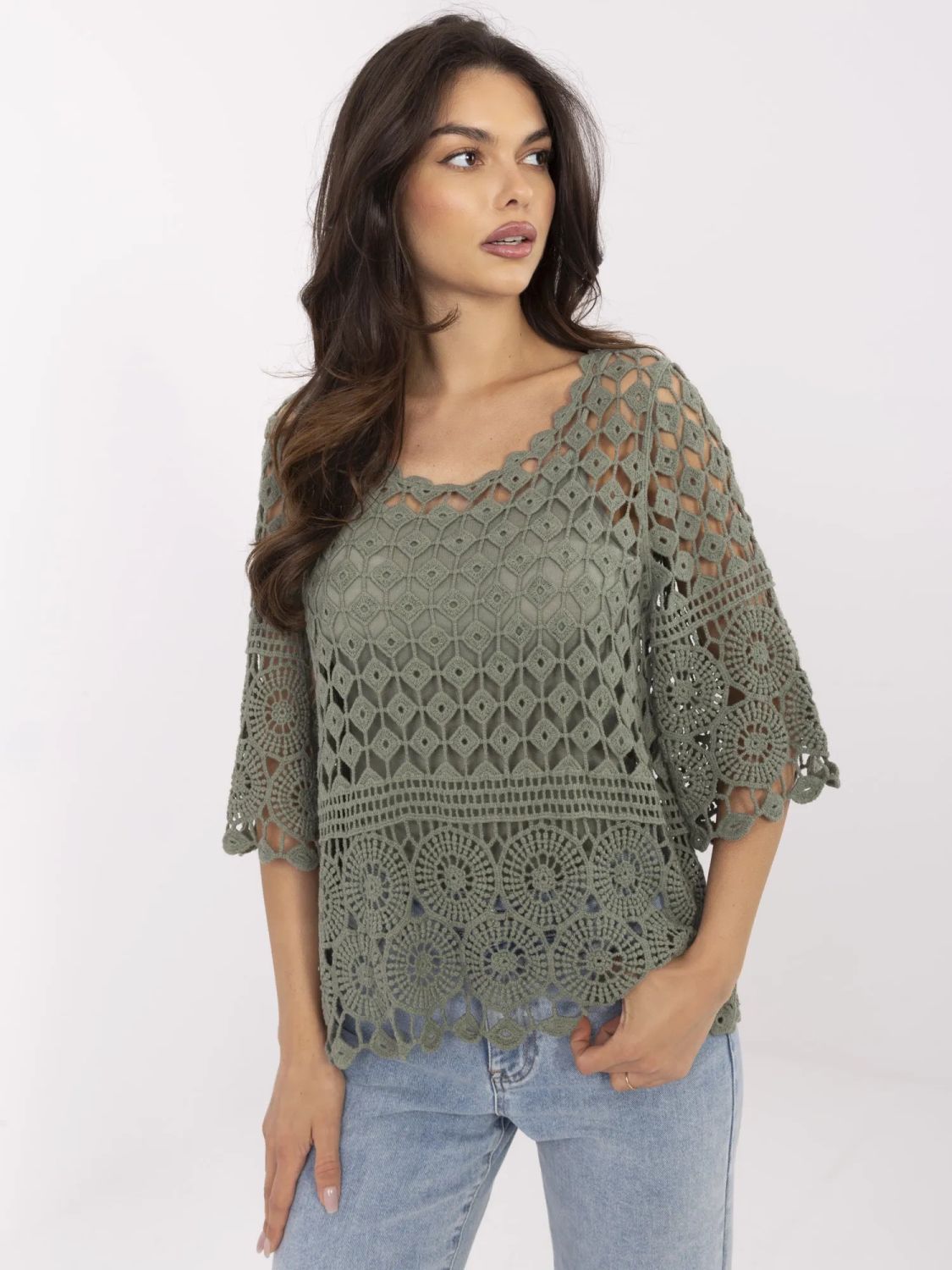 Stylová khaki halenka s 3/4 rukávem