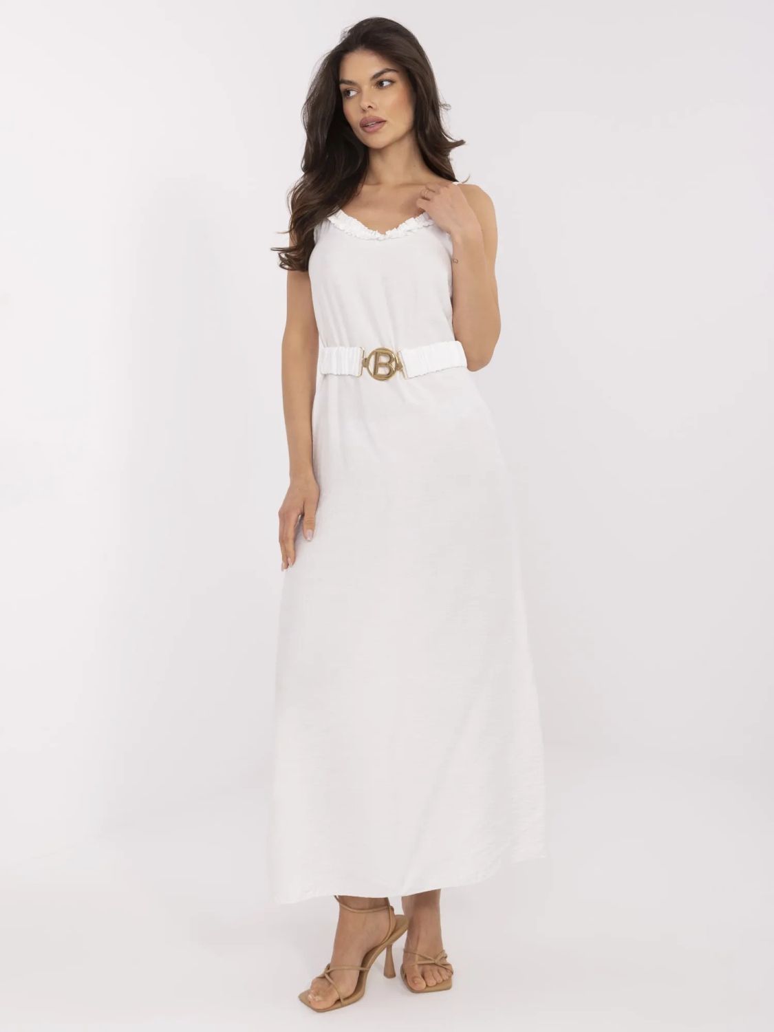 Maxi šaty s páskem v ecru