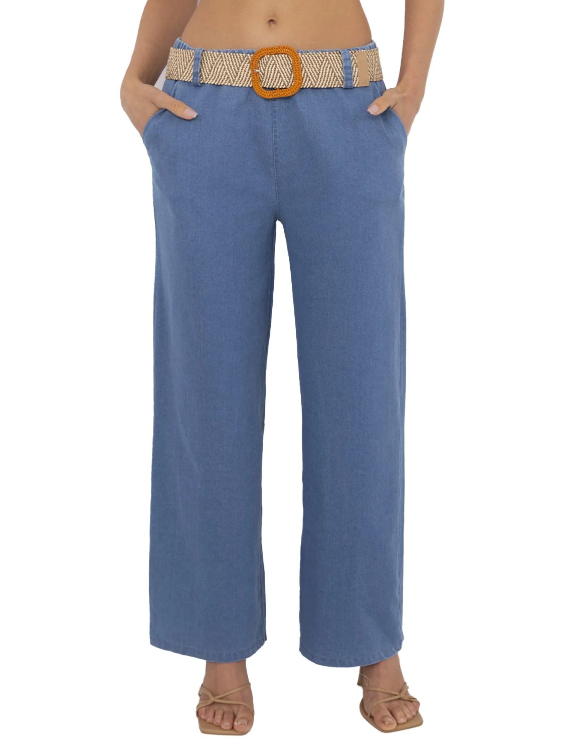 Stylové modré kalhoty s vysokým pasem a 7/8 délkou