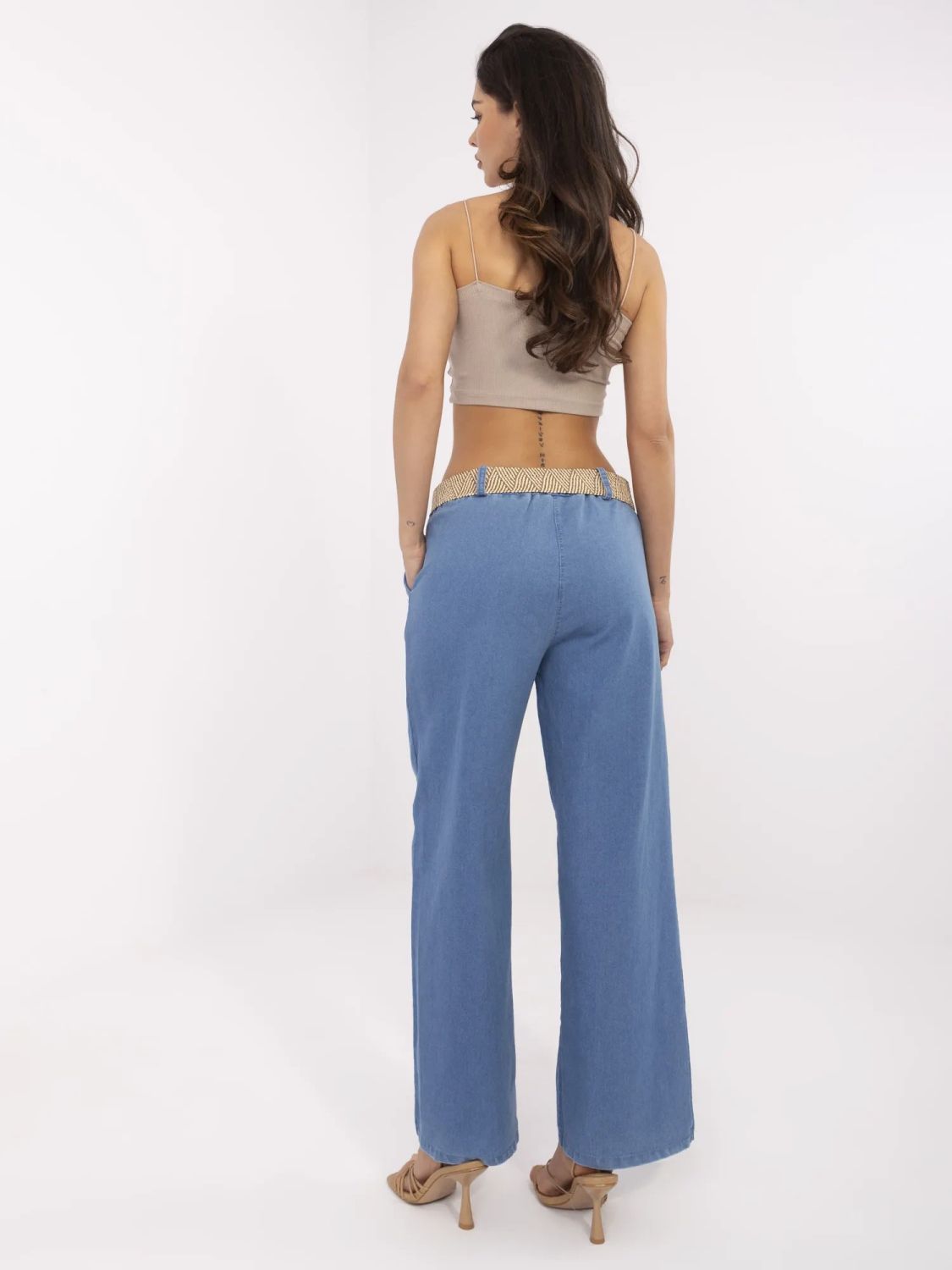 Stylové modré kalhoty s vysokým pasem a 7/8 délkou