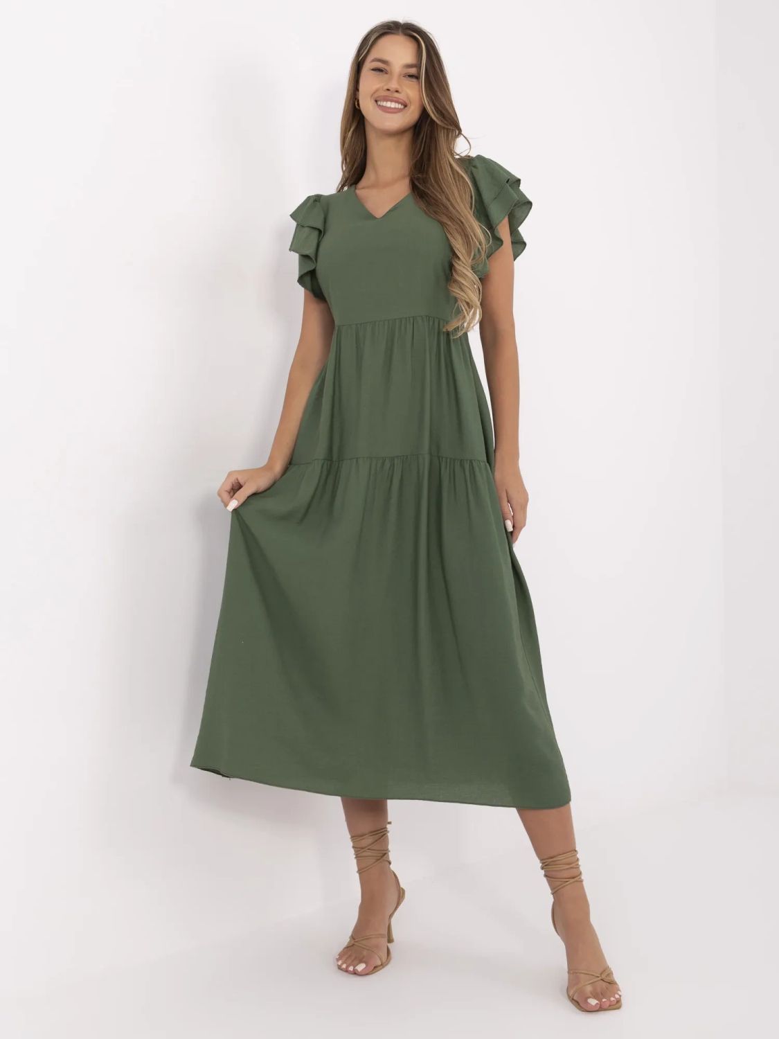 Letní midi šaty s volánem v khaki barvě