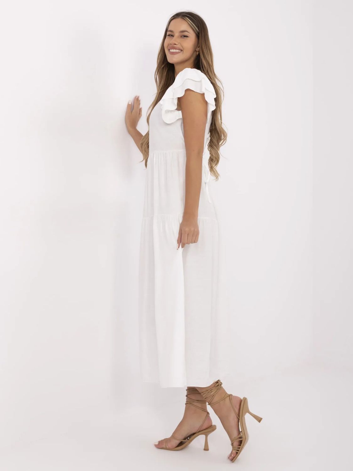 Lení  midi šaty s volány bílé
