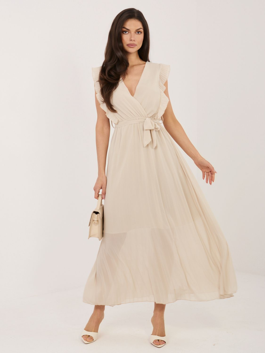 Béžové rozšířené midi šaty s páskem