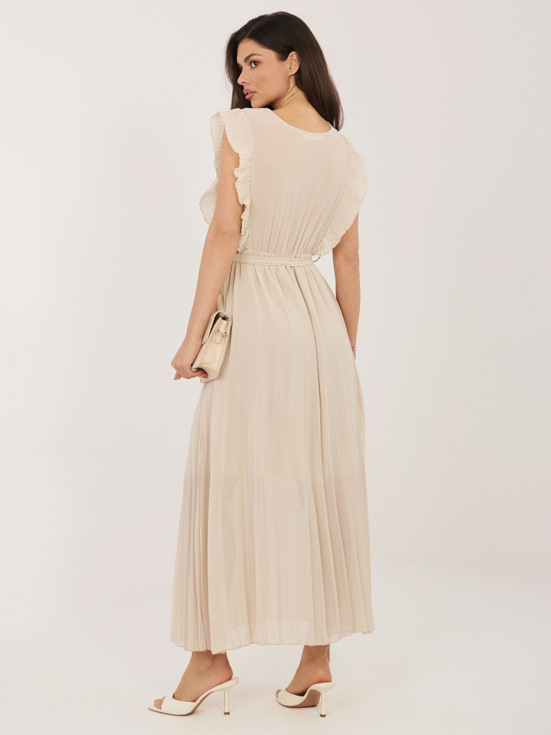 Béžové rozšířené midi šaty s páskem