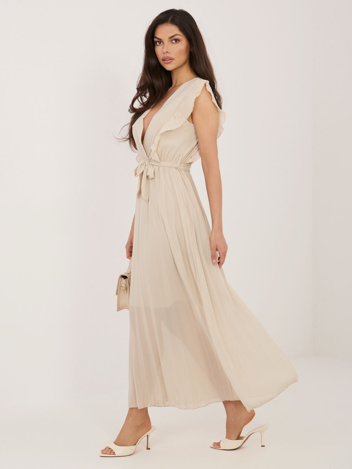 Béžové rozšířené midi šaty s páskem