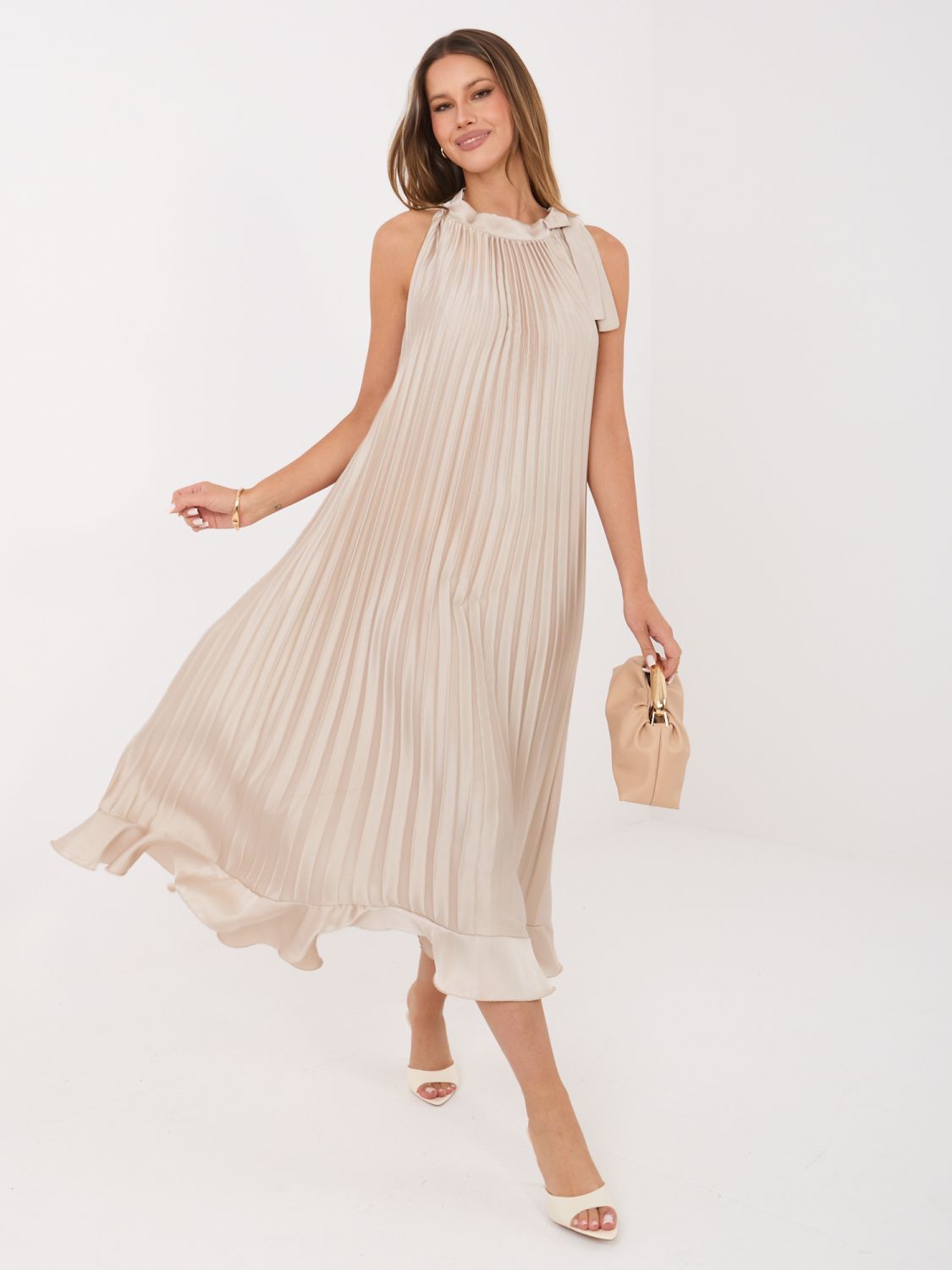 Béžové koktejlové midi šaty s vázáním a volánem