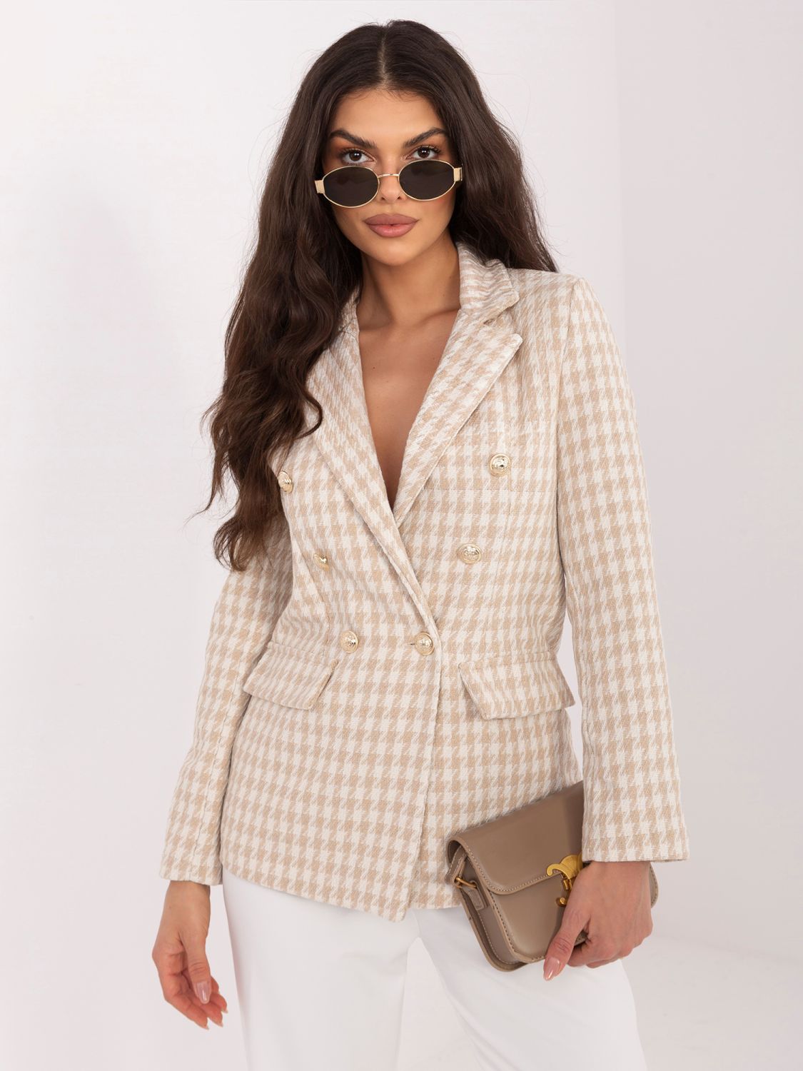 Béžové sako s pepitovým vzorem a podšívkou