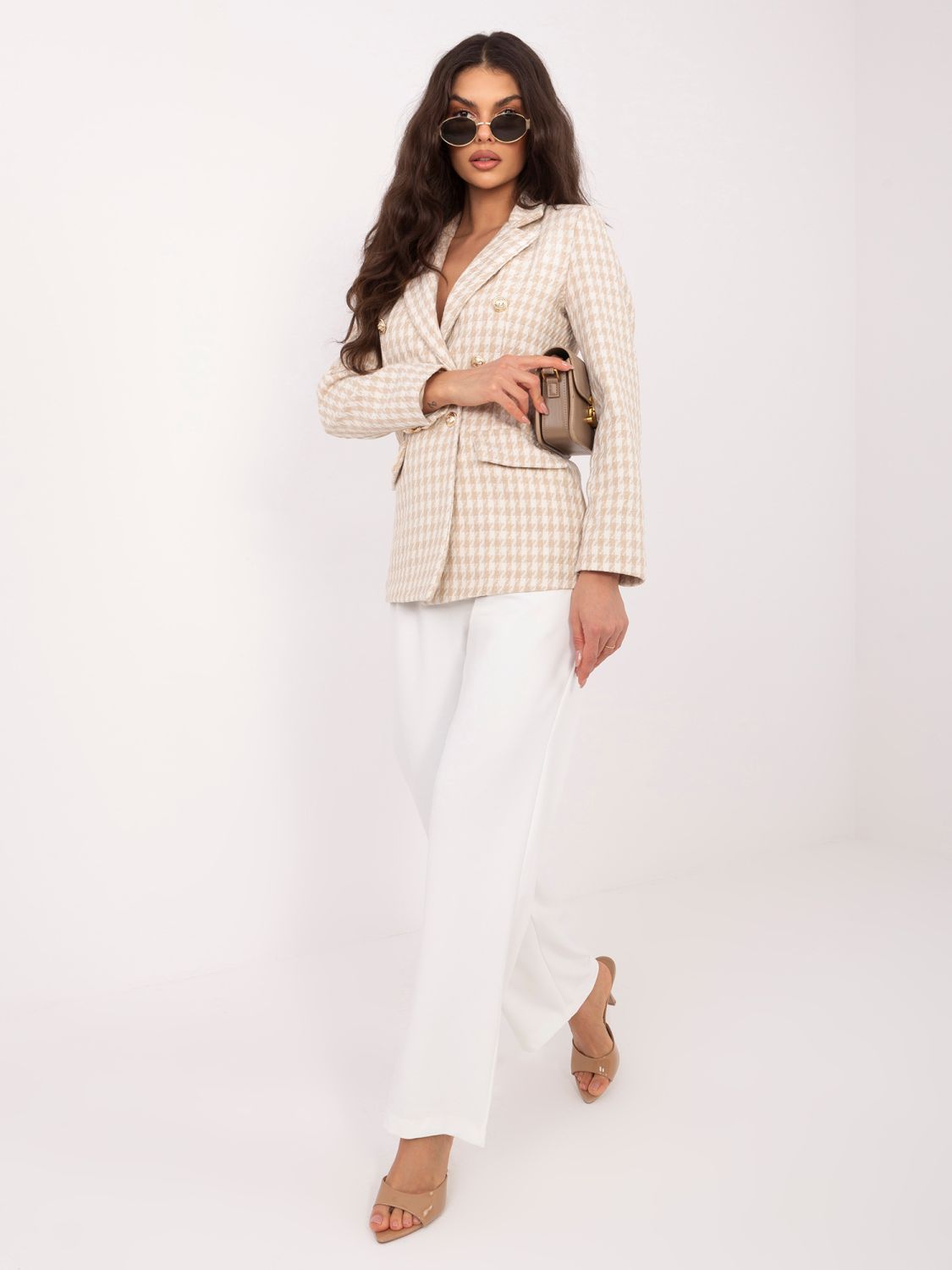 Béžové sako s pepitovým vzorem a podšívkou