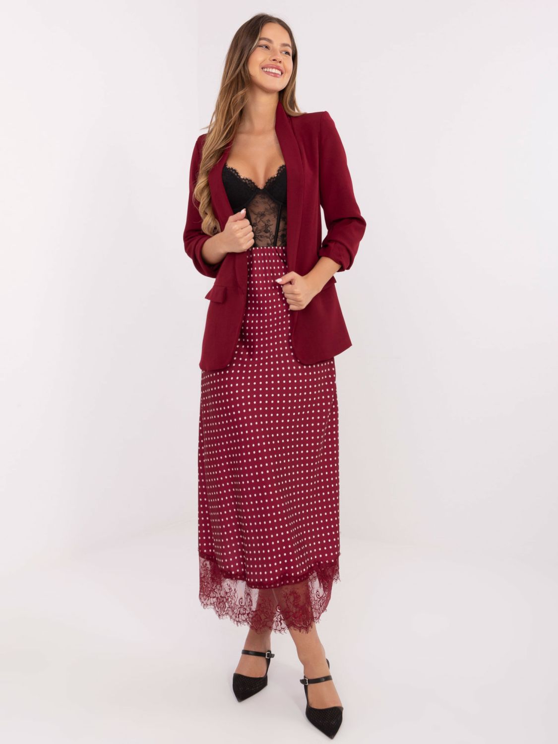 Bordó midi sukně s tečkami a krajkou