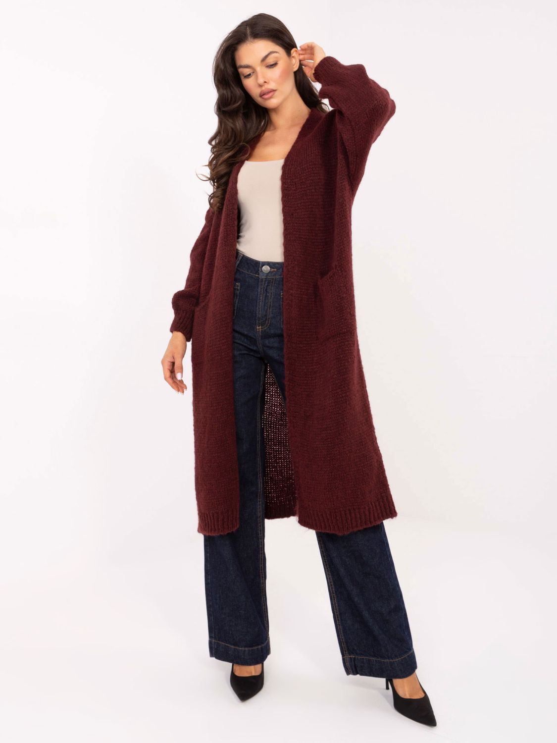 Bordó dlouhý kardigan s kapsami