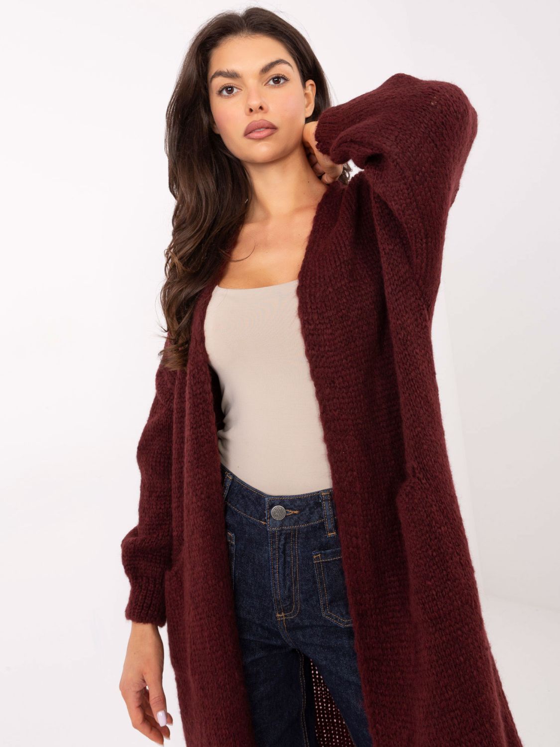 Bordó dlouhý kardigan s kapsami