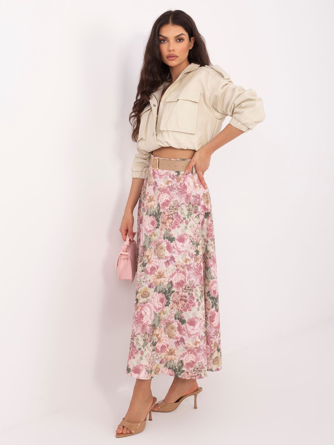 Elegantní midi sukně s květinovým vzorem a páskem, růžová