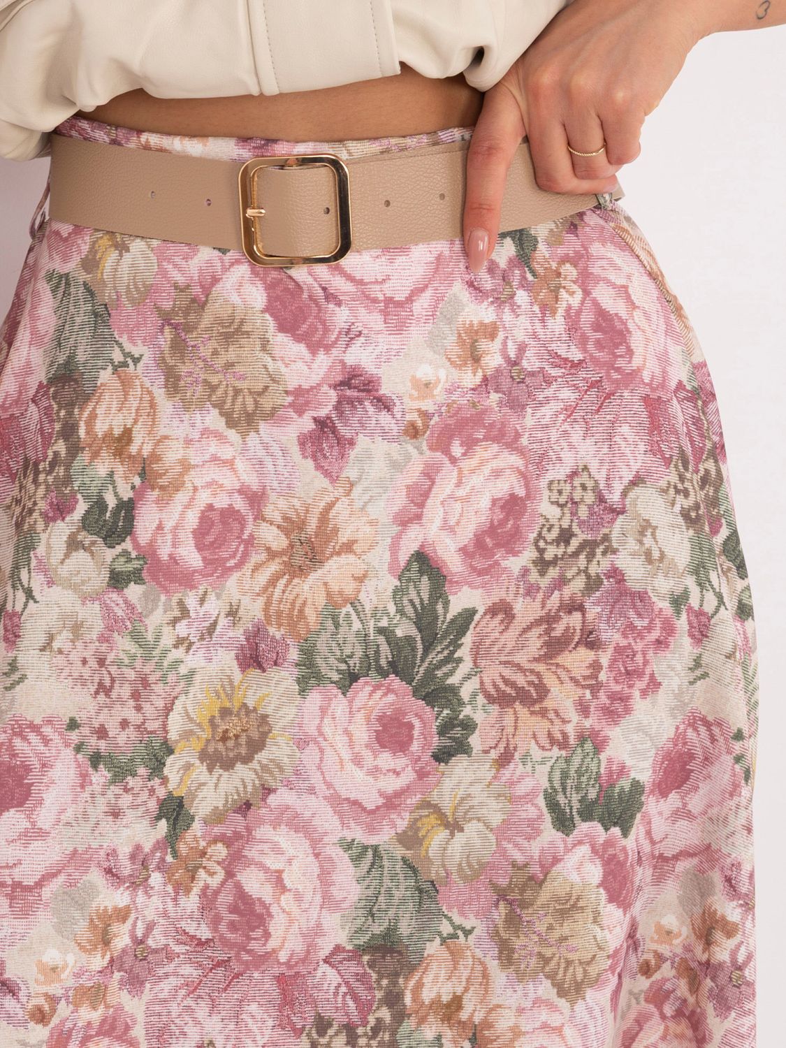 Elegantní midi sukně s květinovým vzorem a páskem, růžová