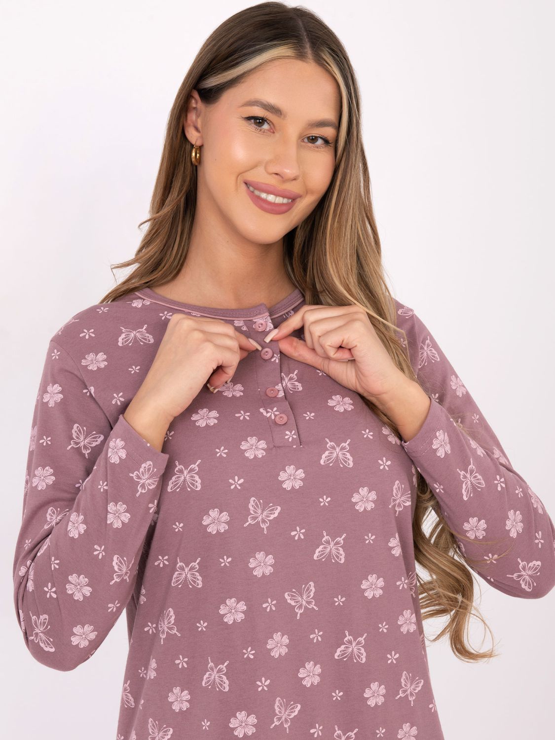 Dámská noční košile s dlouhým rukávem, tmavě růžová