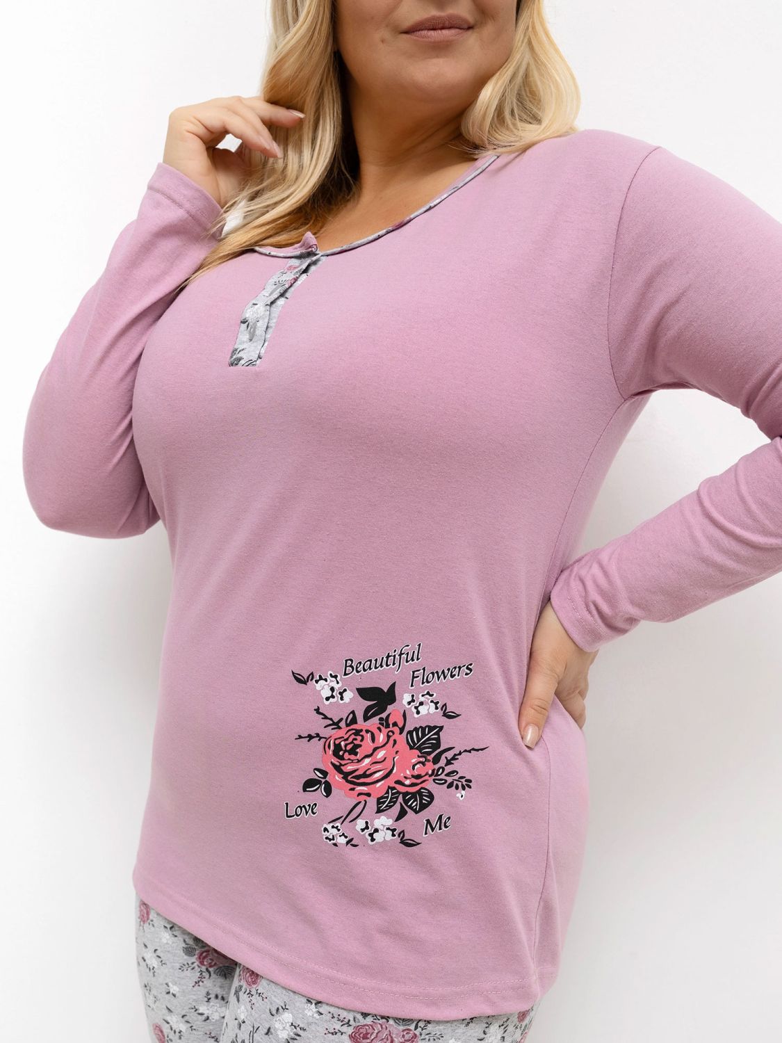 Dámské pyžamo s květinovým vzorem, dlouhý rukáv, růžové