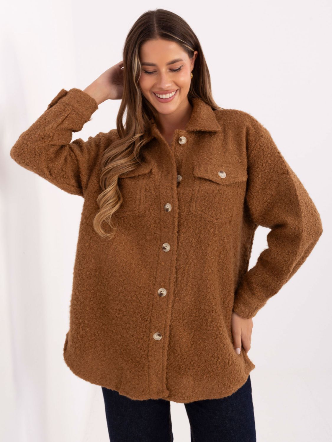 Hnědá casual košilová bunda s límečkem a kapsami