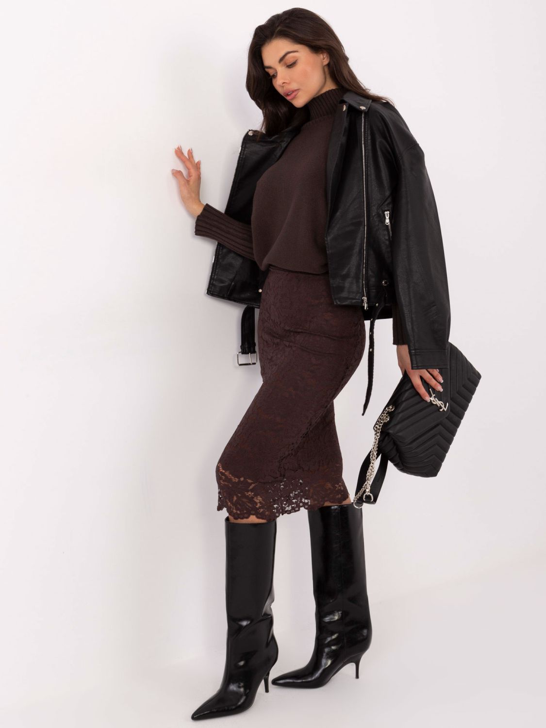 Elegantní midi sukně s krajkou a podšívkou, hnědá