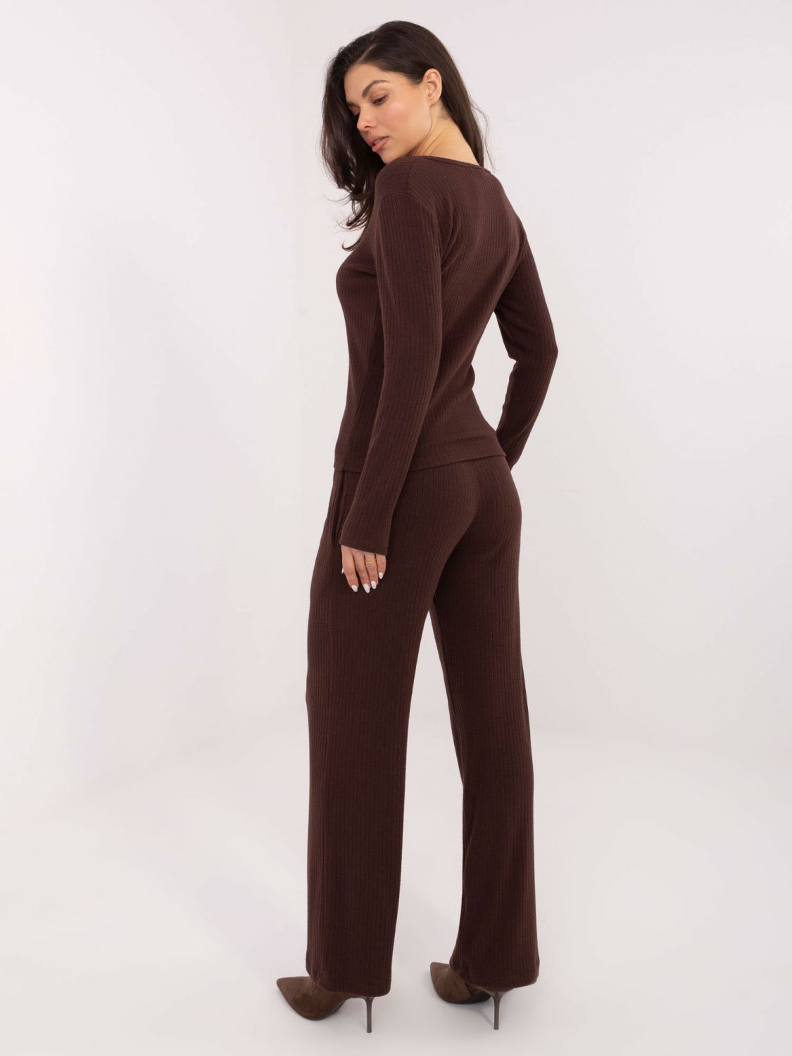 Dámské široké žebrované kalhoty, hnědé