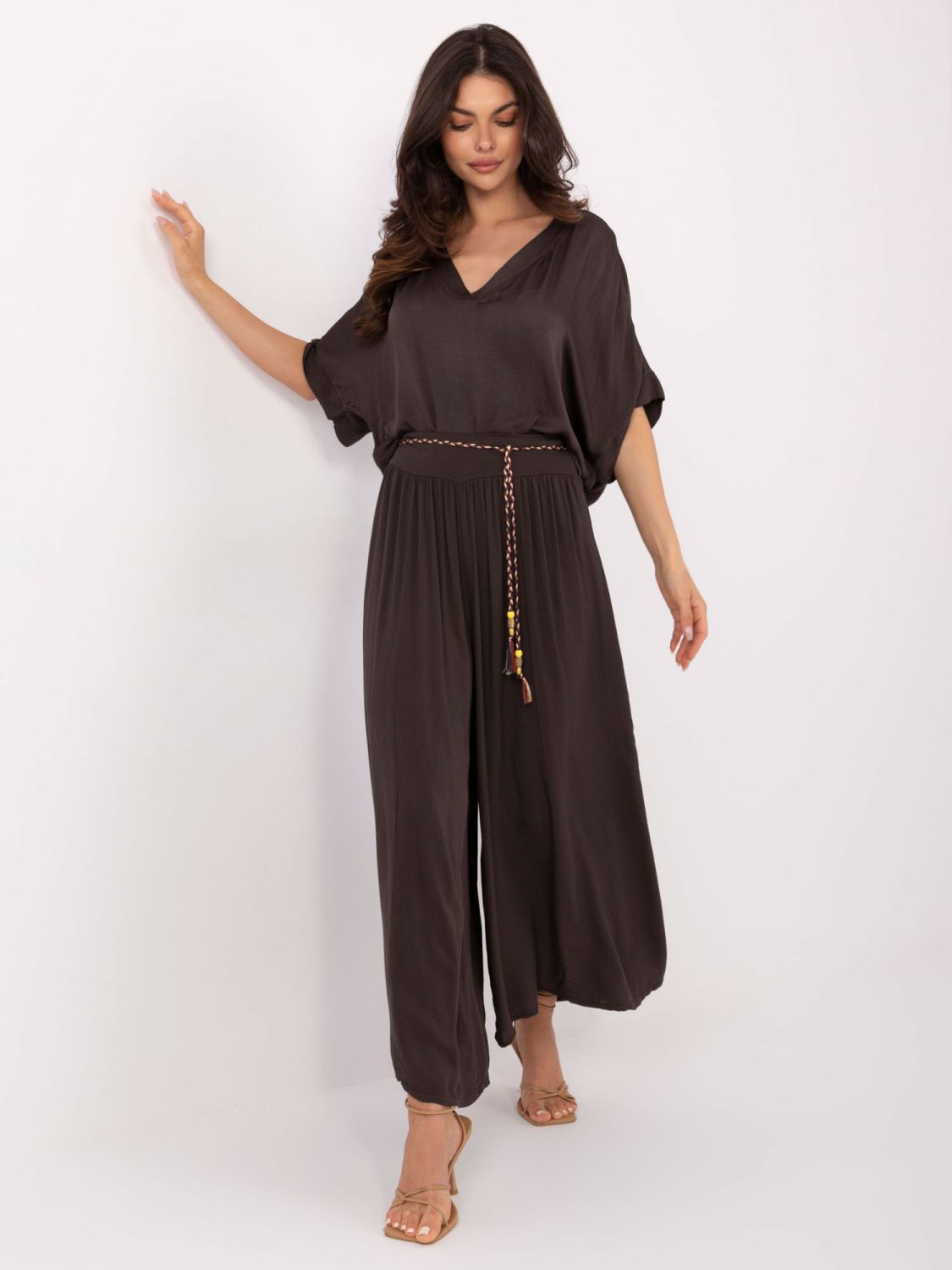 Elegantní palazzo kalhoty v tmavě hnědé barvě