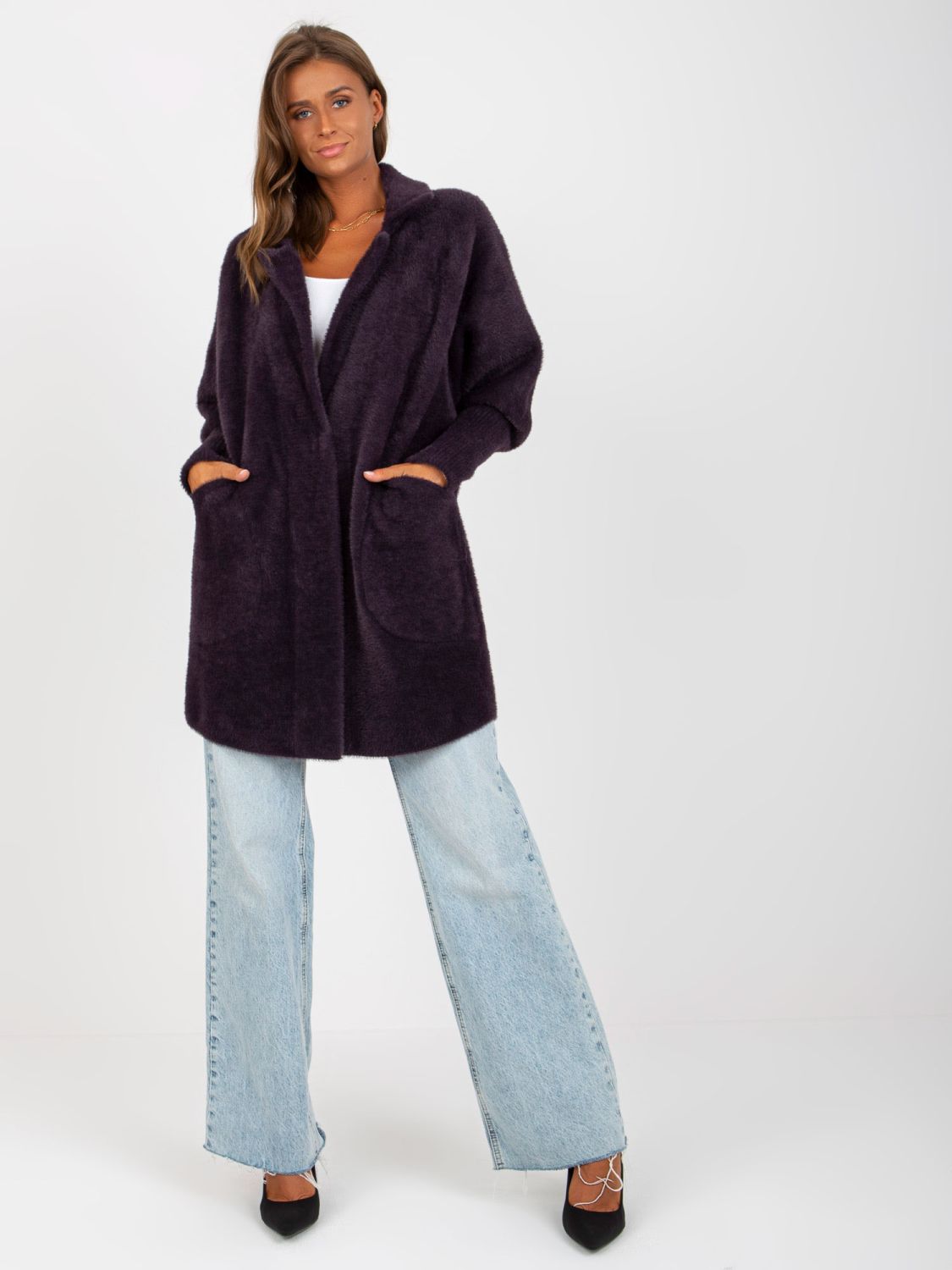 Tmavě fialový přechodný kabát z alpaky a vlny