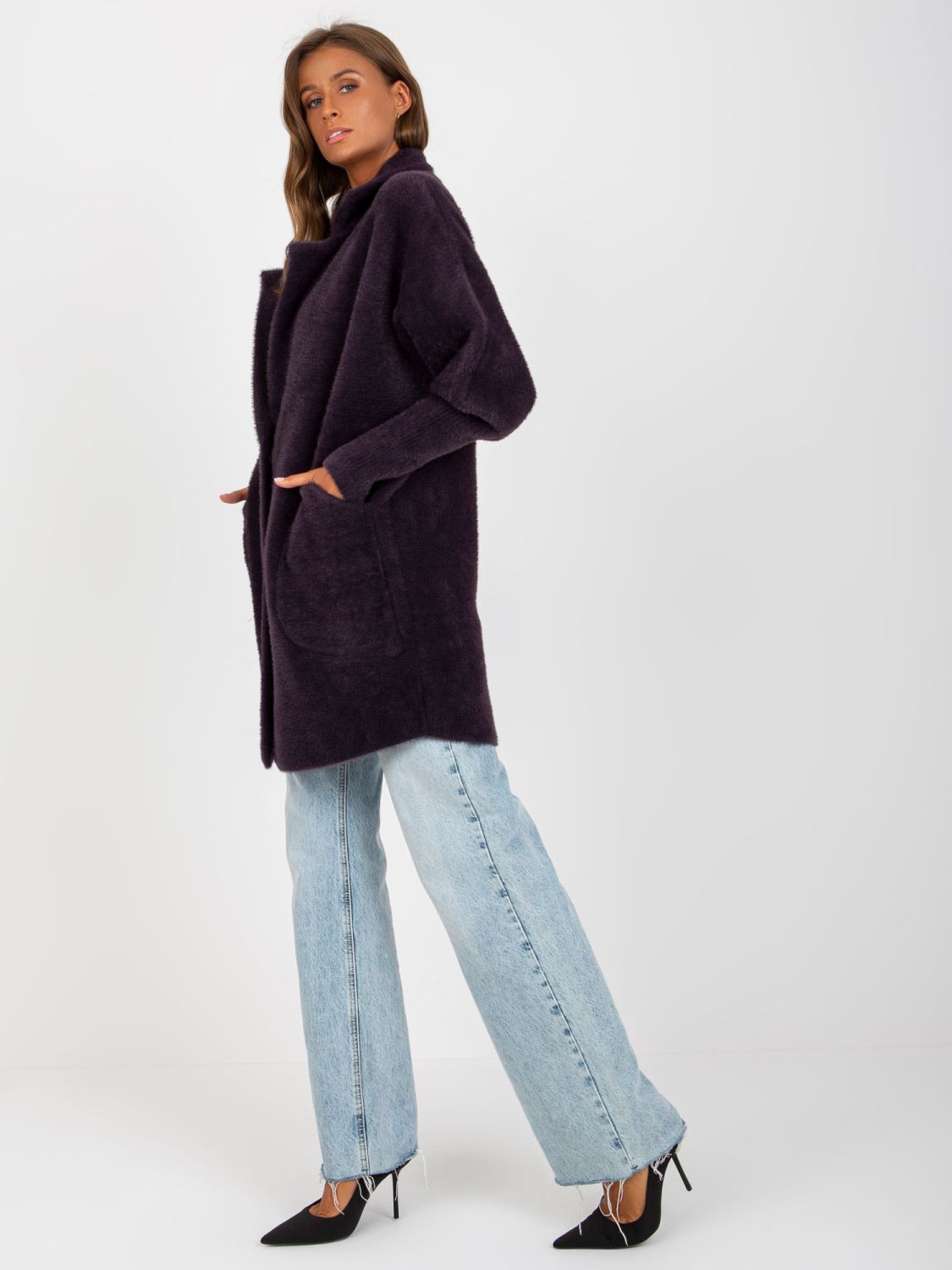 Tmavě fialový přechodný kabát z alpaky a vlny
