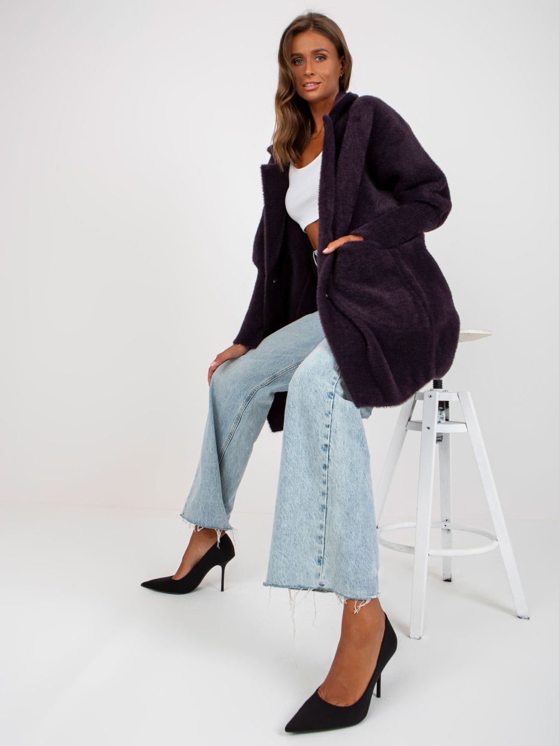 Tmavě fialový přechodný kabát z alpaky a vlny