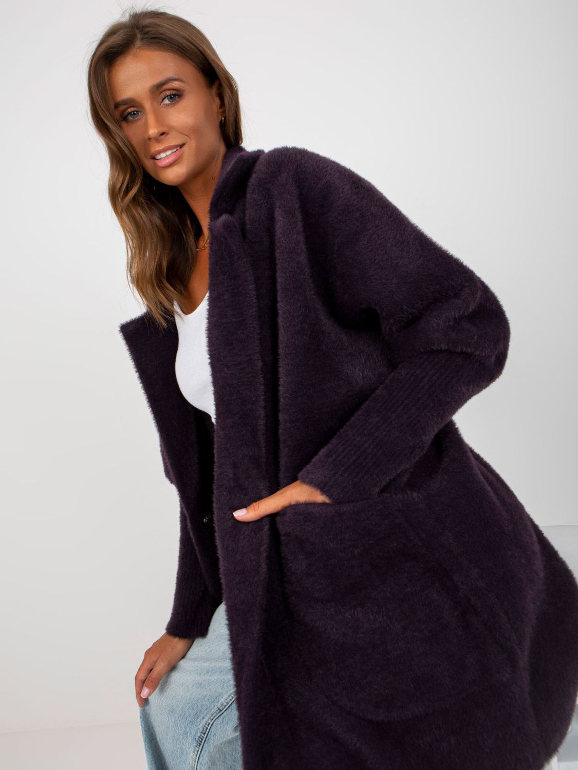 Tmavě fialový přechodný kabát z alpaky a vlny