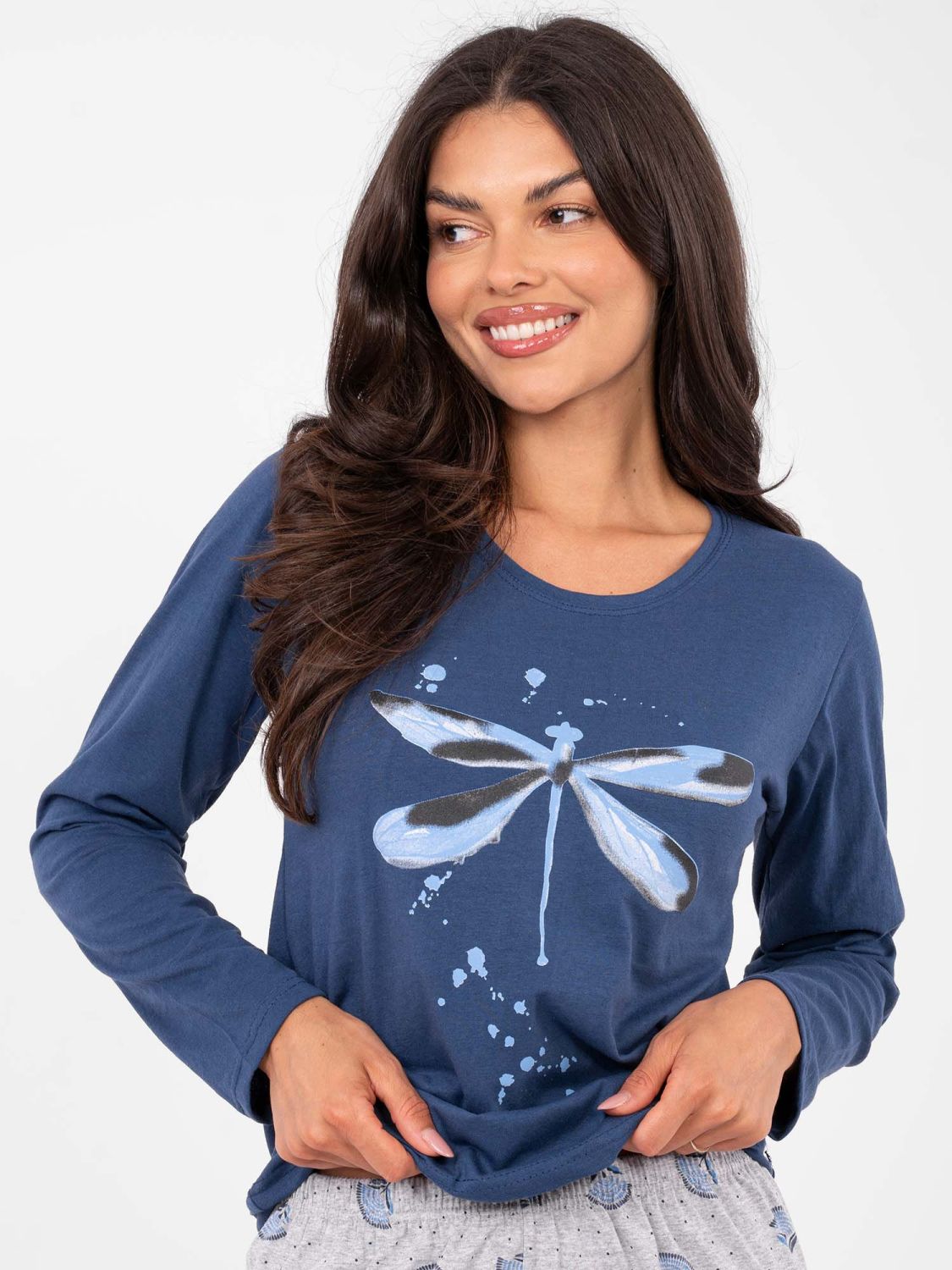 Dámské bavlněné pyžamo s dlouhým rukávem, tmavě modré