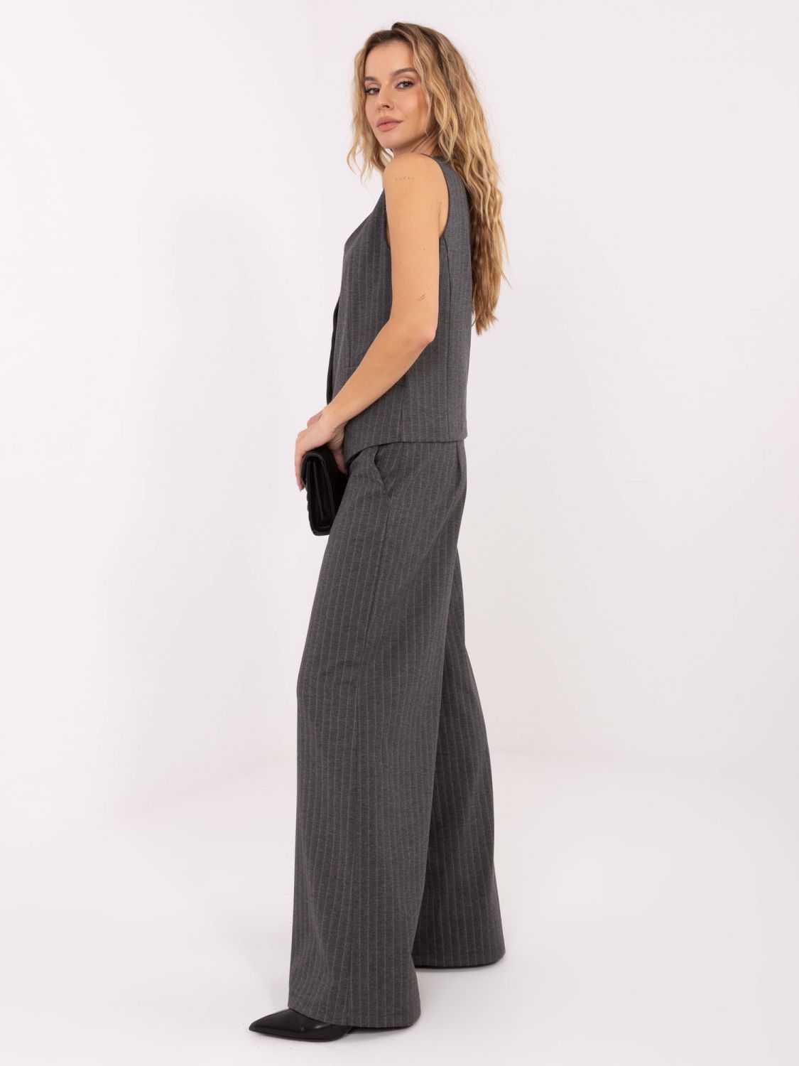 Elegantní široké kalhoty s proužky, tmavě šedé