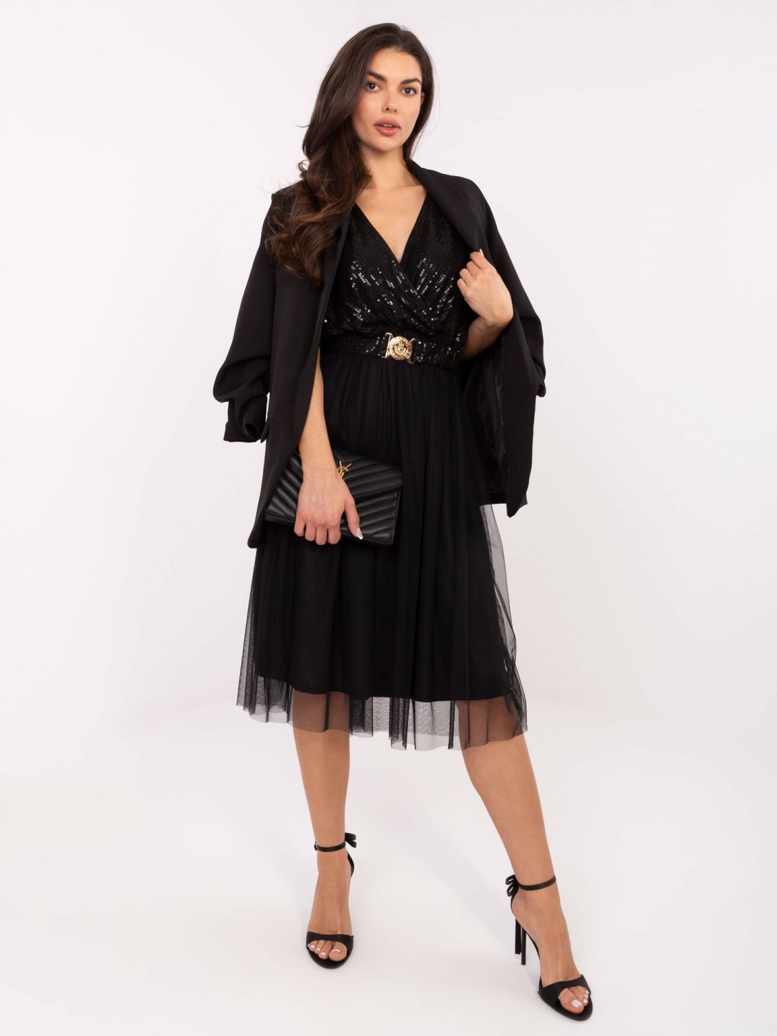Černé midi šaty s páskem a flitrovou aplikací