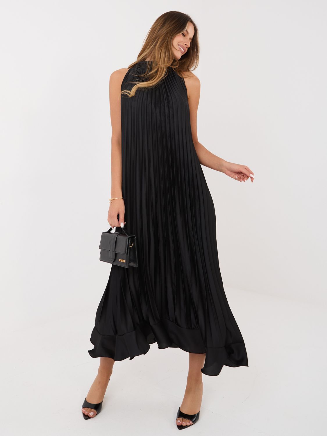 Černé koktejlové midi šaty s vázáním a volánem