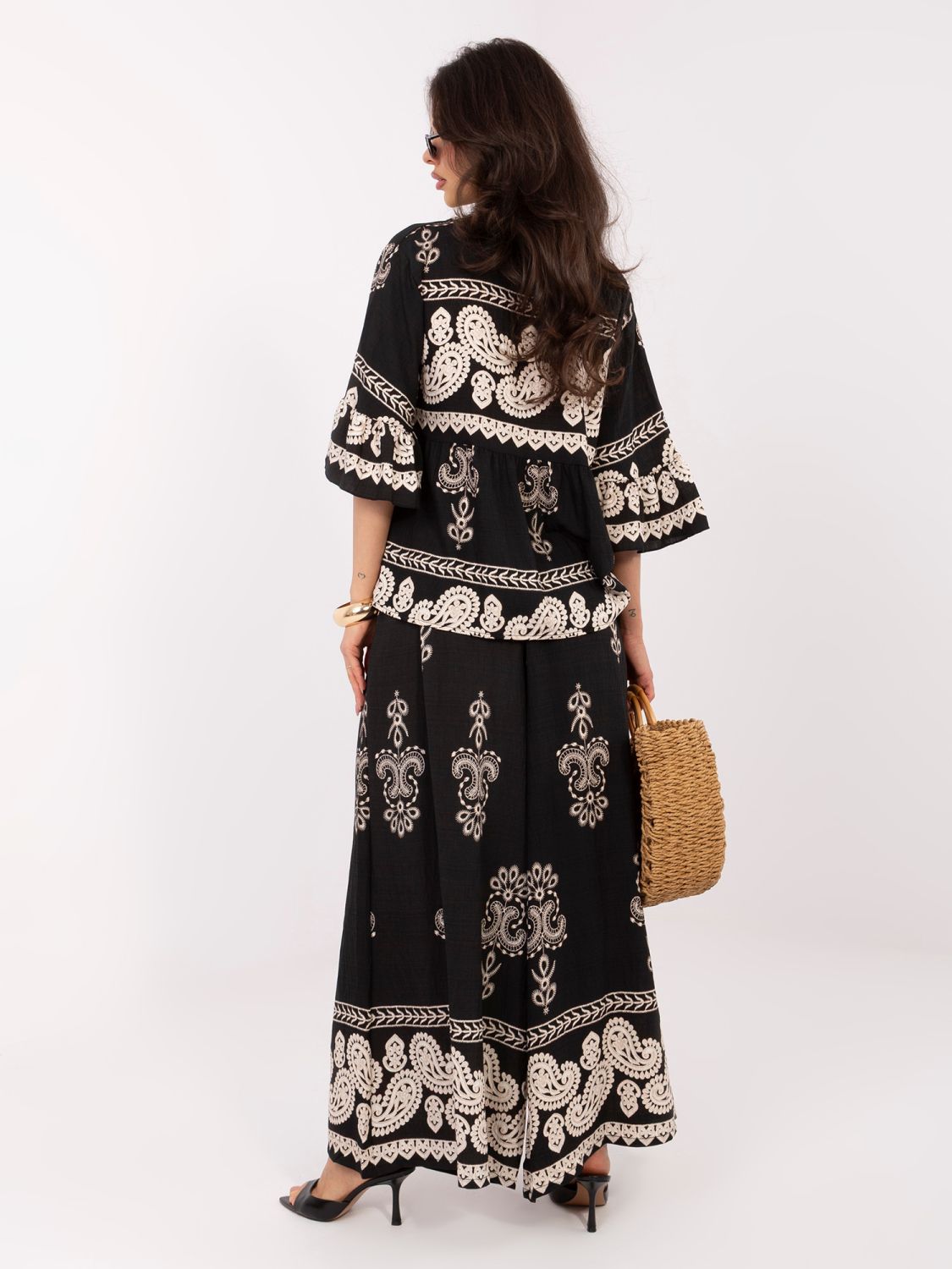 Dámský komplet s potiskem a vázáním, černý