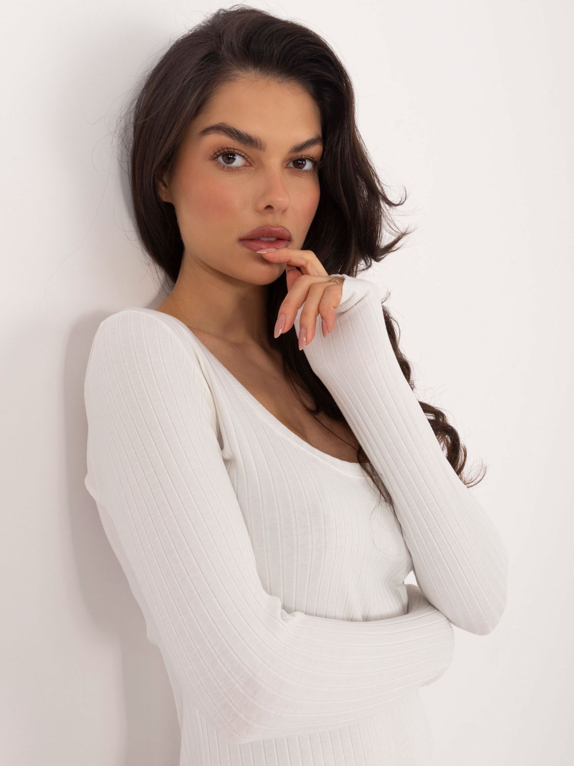 Bavlněné žebrované body s dlouhým rukávem v barvě ecru