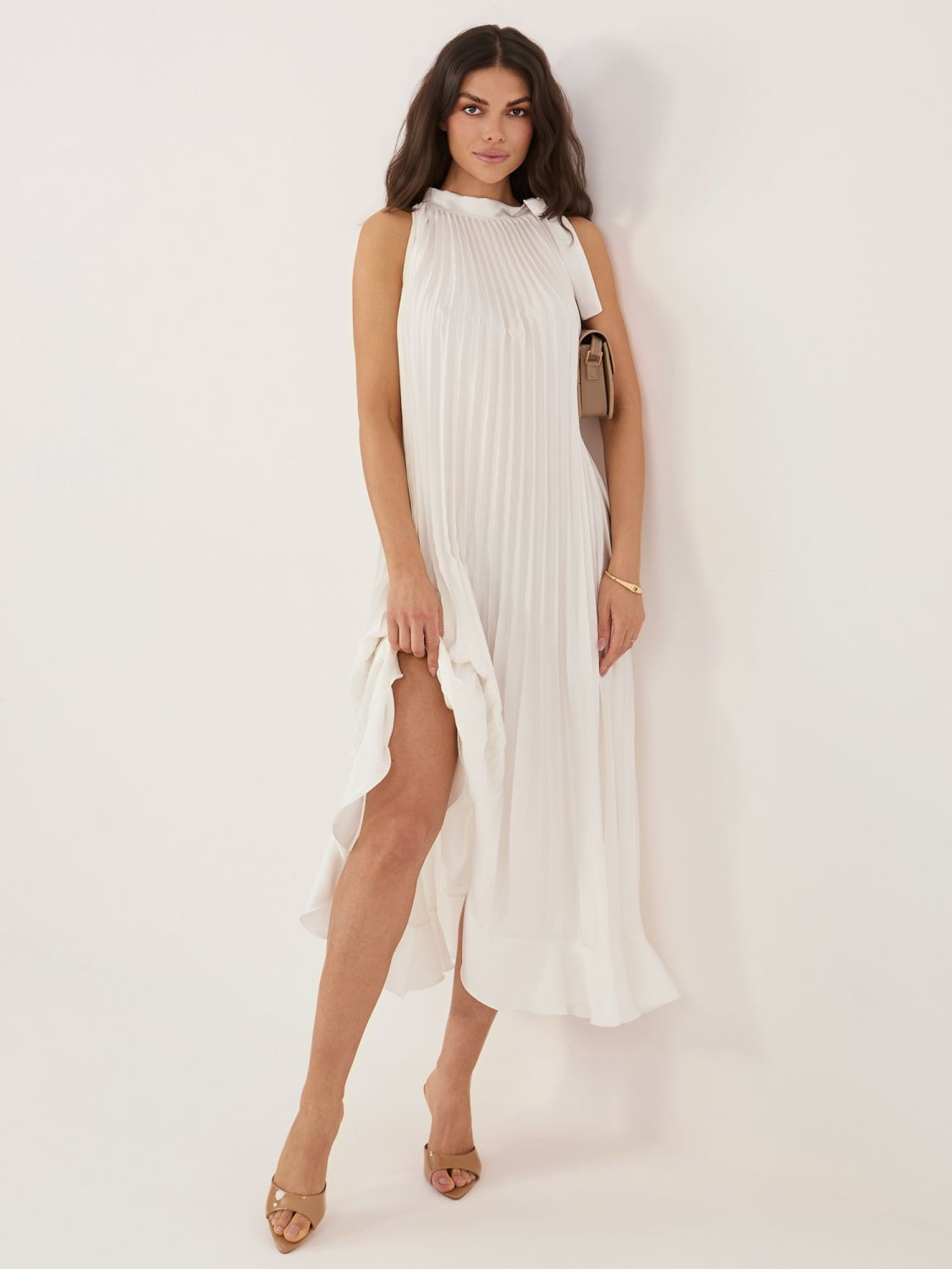 Elegantní midi šaty s volánem a zavazováním, ecru