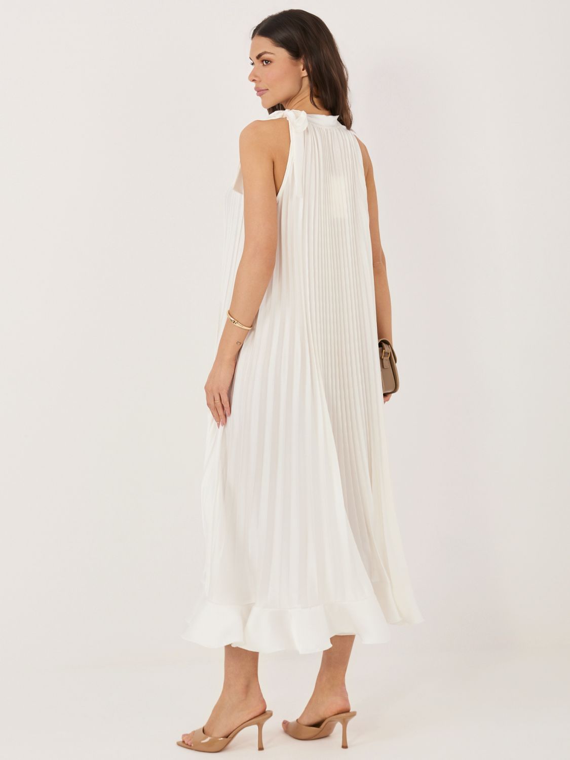 Elegantní midi šaty s volánem a zavazováním, ecru