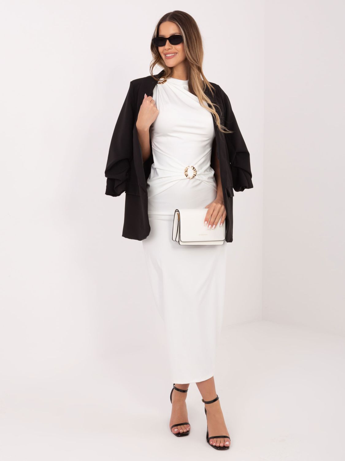 Elegantní midi šaty s vodopádovým výstřihem, ecru