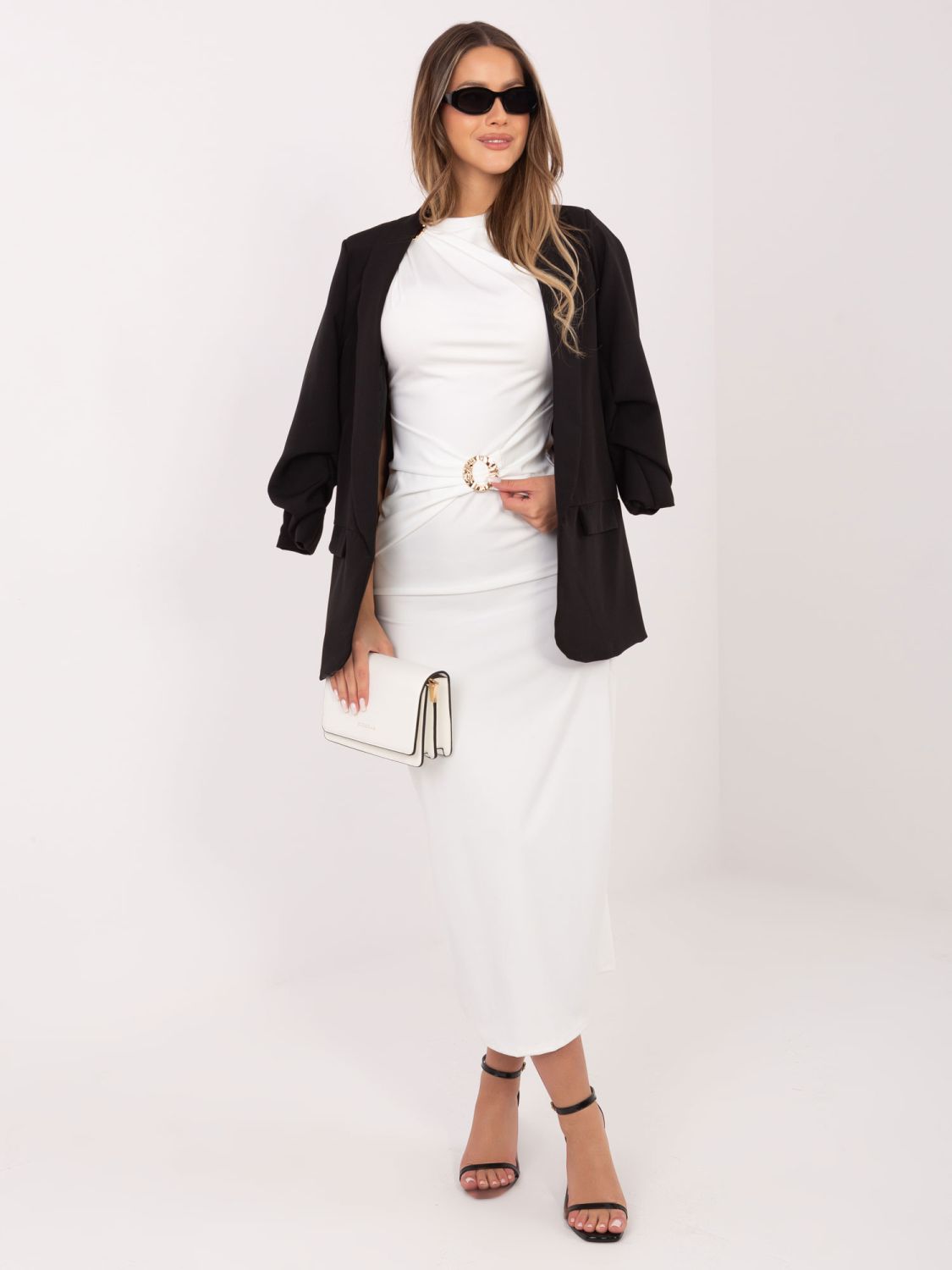 Elegantní midi šaty s vodopádovým výstřihem, ecru