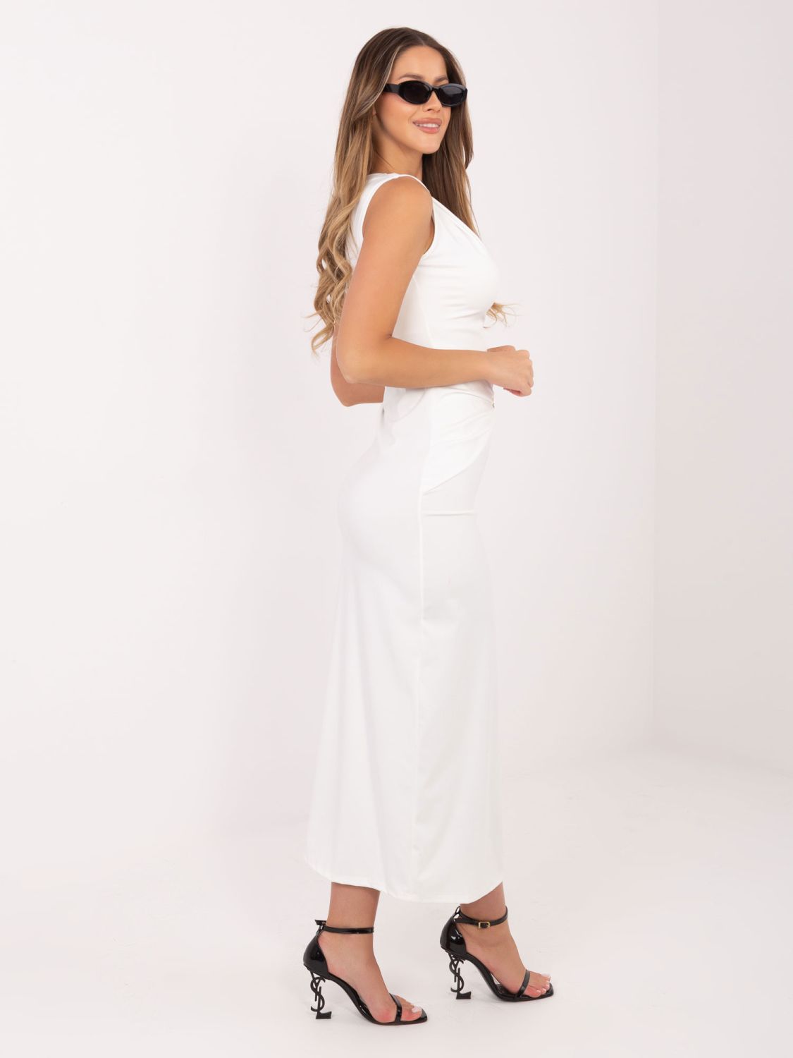 Elegantní midi šaty s vodopádovým výstřihem, ecru